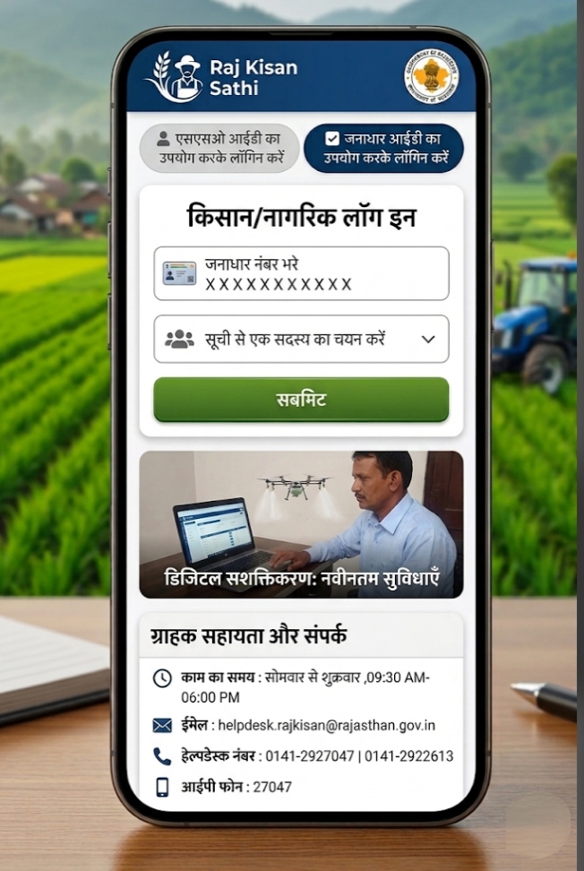 राज किसान साथी पोर्टल को किसान लॉगिन विकल्प चुनने पर जन आधार से जिस सदस्य के नाम जमीन है उससे लॉगिन कर आवेदन करे 