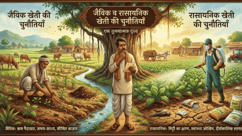 जैविक खेती और रासायनिक खेती को एक साथ करना भी चुनौती पूर्ण है कम पैदावार और भूमि का कमजोर होने अधिक लागत मुख्य कारण है