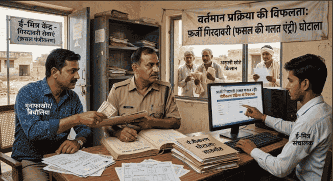 मुनाफाखोर या बिचौलिए स्थानीय राजस्व अधिकारियों और ई-मित्र संचालकों से साठगाँठ करके ऐसे लोगों के नाम से फर्जी गिरदावरी बनवाते हैं, जिनके पास वास्तव में वह फसल नहीं होती। इससे 'कागजी फसल' का कोटा बढ़ जाता है।