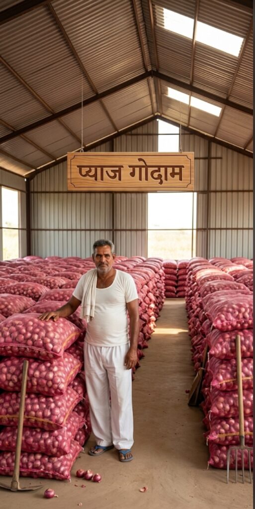 प्याज सुखाकर जुट या प्लास्टि बैग में भरकर मीचे ईट या फट्टा लगाकर हवादार सिस्टम बनाकर स्टोर करना चाहिए