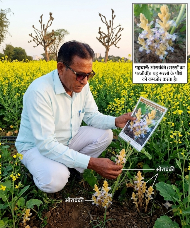 सरसों की फसल की जड़ से 2 या 4  इंच दूर जमीन पर एक परजीवी पौधा उगता है जो सरसों की जड़ो से सरसों का पुरा पोषण ग्रहण कर वृद्धि करता है और सरसों का पौधा सुखकर खत्म हो जाता है समय रहते उखाड़ कर जलाना चाहिए 